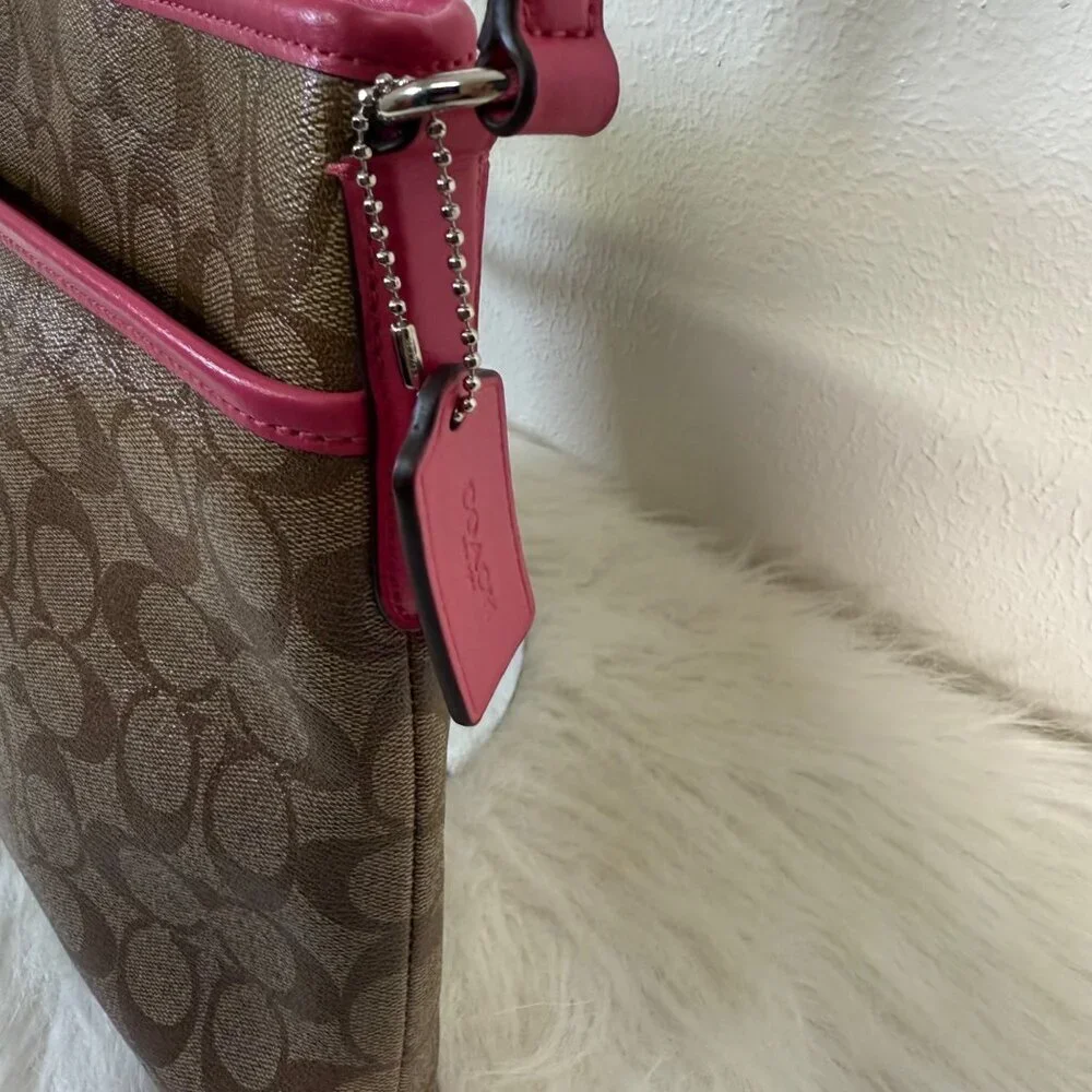Coach Large File Shoulder Bag Signature PVC Canvas Khaki Dahlia Pink F58297